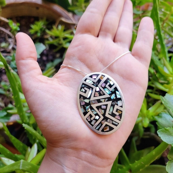 Vintage Mexican Alpaca Handmade Abalone Mother of Pearl Necklace & Brooch Pin - Picture 2 of 8